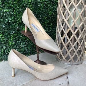 Jimmy Choo Romy Natural/Silver Metallic Linen Heels Size 39.5/9.5 EUC